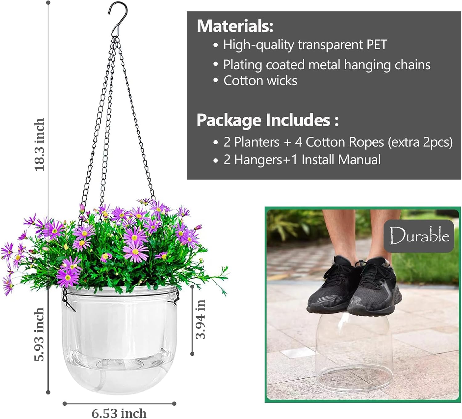 Macetas colgantes de riego automático de 6.5 pulgadas con agujeros de drenaje, maceta colgante para exteriores, nivel de agua visible, colgador de