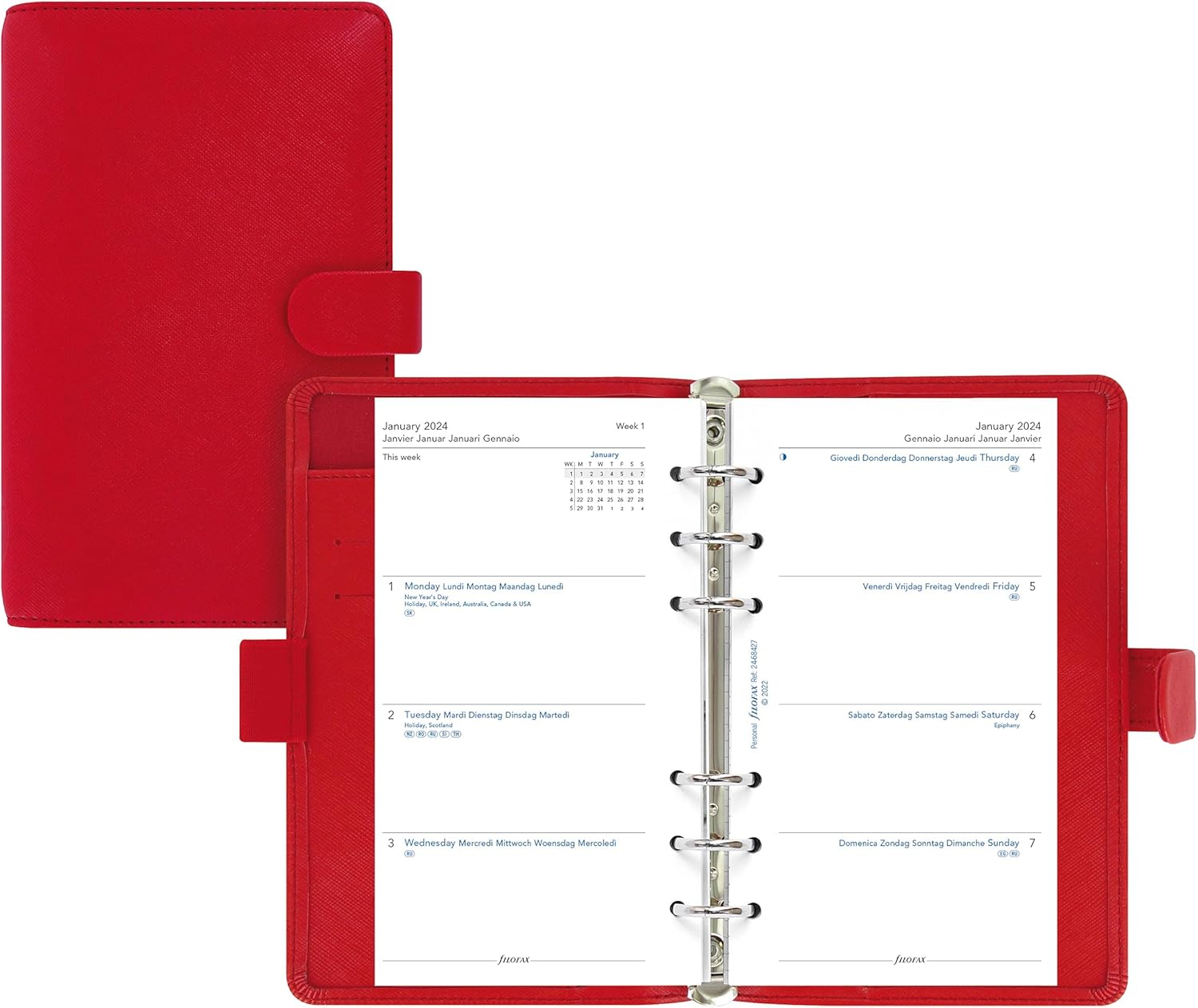 Filofax Saffiano – Organizador personal compacto, amapola, grano cruzado, aspecto de cuero, seis anillos, calendario semanal para ver, multilingüe,