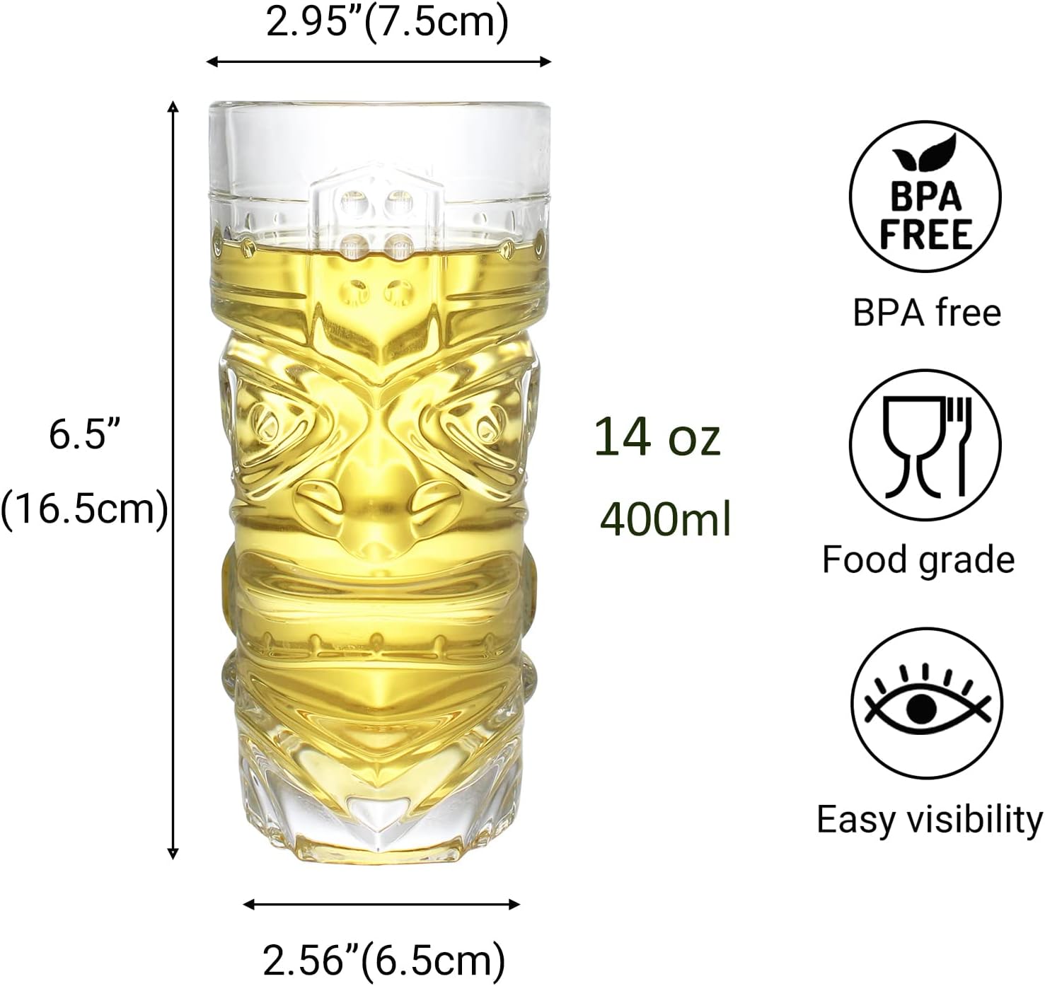 Paquete de 2 vasos Tiki hawaianos de 14 onzas para cócteles, limonada, té helado, bebidas mixtas, tazas Tiki modernas de bar, tazas Tiki, tazas de