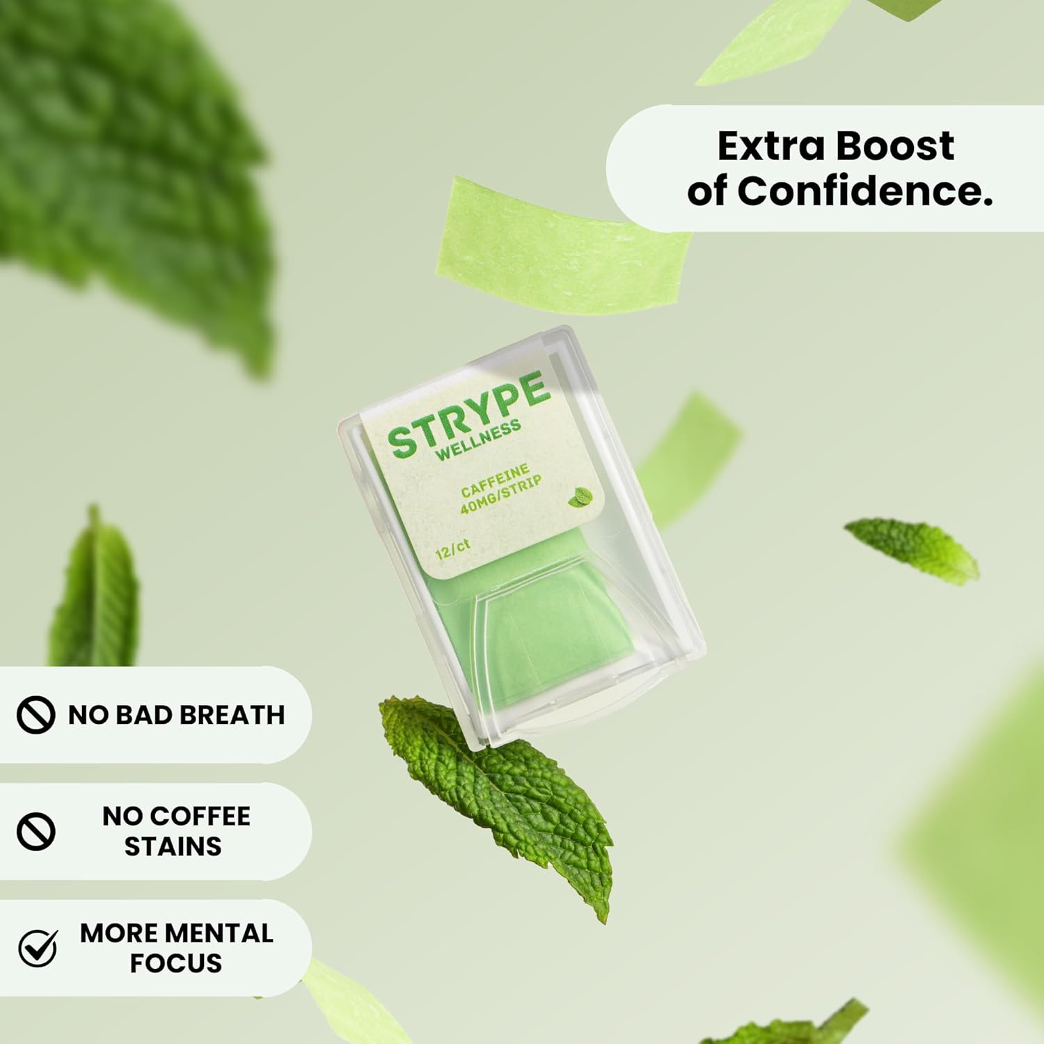 Strype Energy Strips  Tiras de energía instantánea  80 mg de cafeína por porción  Cero calorías  Cero azúcar  Menta de aliento  Portátil  12 tiras