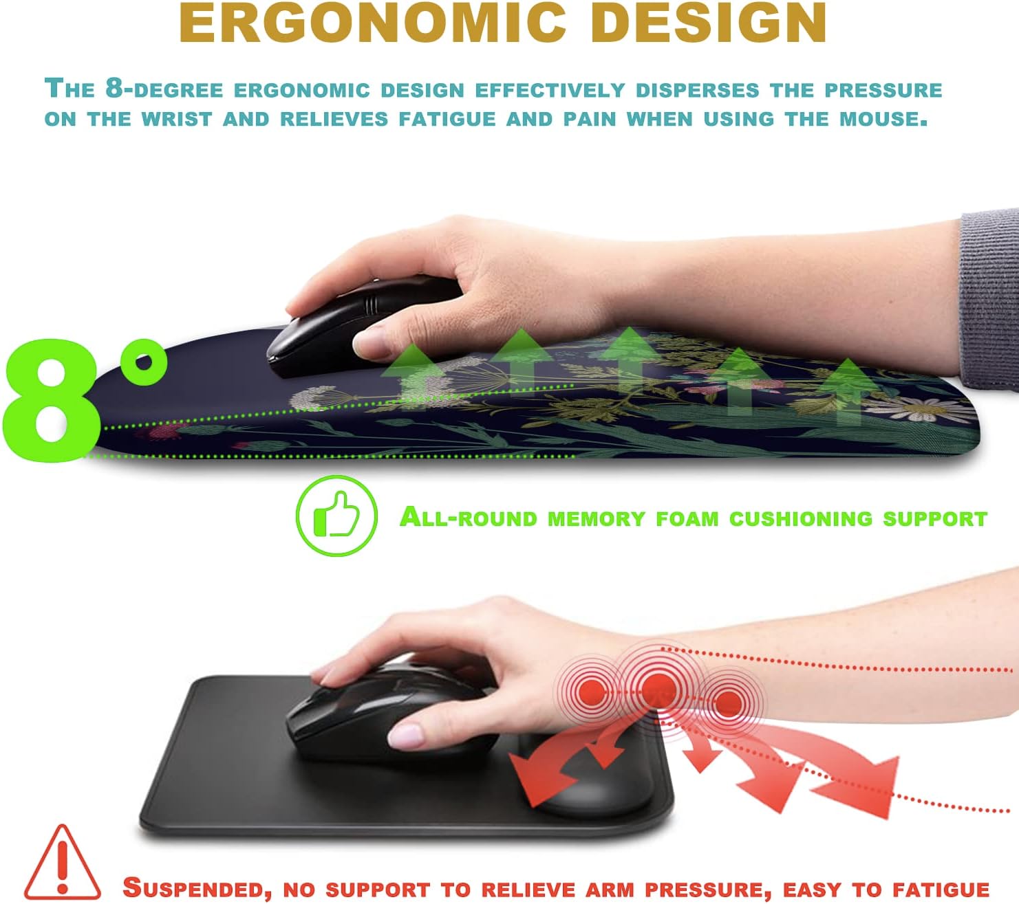 Alfombrilla de mouse ergonómica con soporte para reposamuñecas, alfombrilla de mouse con diseño de masaje para aliviar el dolor del túnel carpiano,