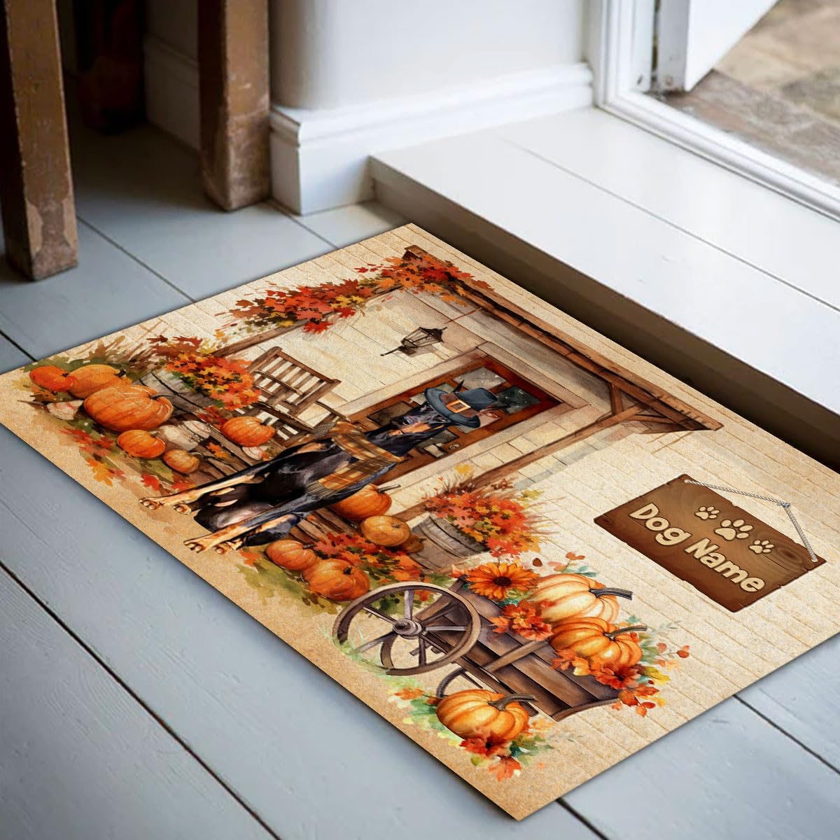 Tapete personalizado para puerta de perro de Acción de Gracias, Doberman Pinscher, tapete de otoño antideslizante, divertido tapete de entrada de
