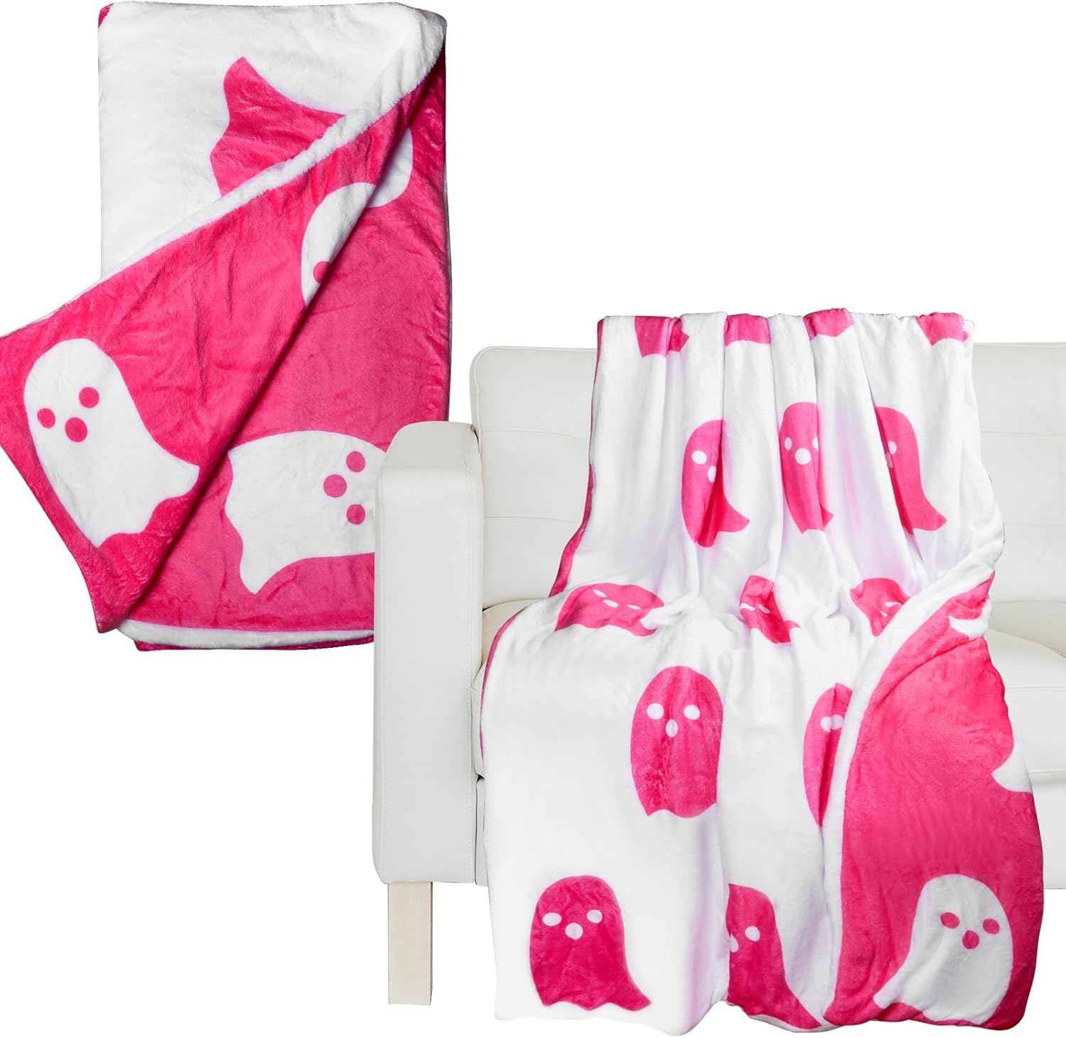 Manta de franela con fantasma rosa viral de Halloween 2023, reversible, súper suave para todas las estaciones, manta de felpa kawaii linda manta