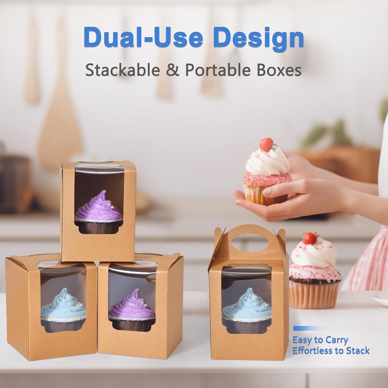 Cajas para cupcakes, 50 unidades, recipientes individuales para cupcakes marrón con inserto de ventana y asa, caja de pastelería individual soporte