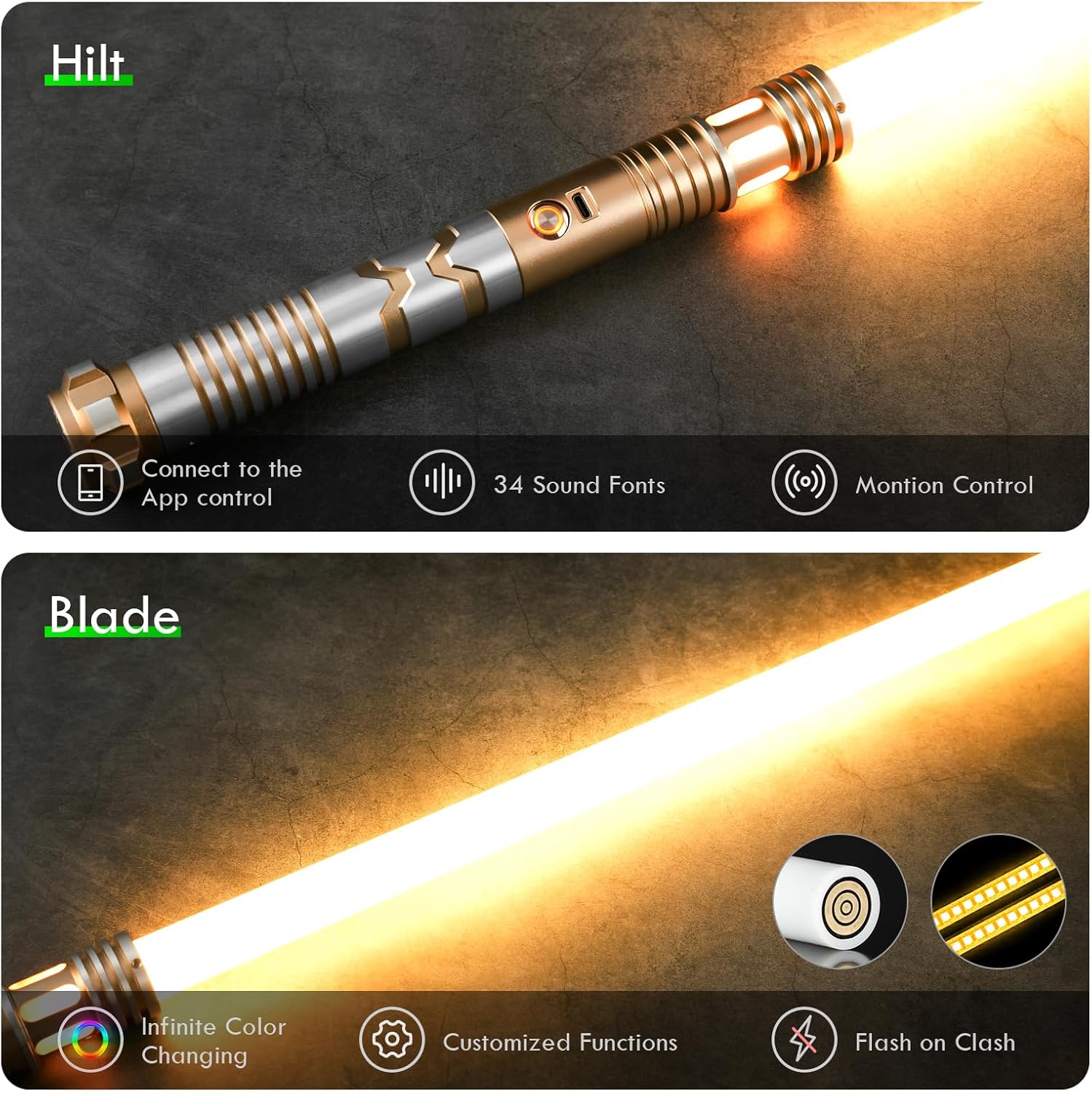CUSTOM SABER Sable de luz de xenopíxel de oscilación suave sensible, control de movimiento para encender la hoja, 12 tipos de modo hoja, 34 fuentes