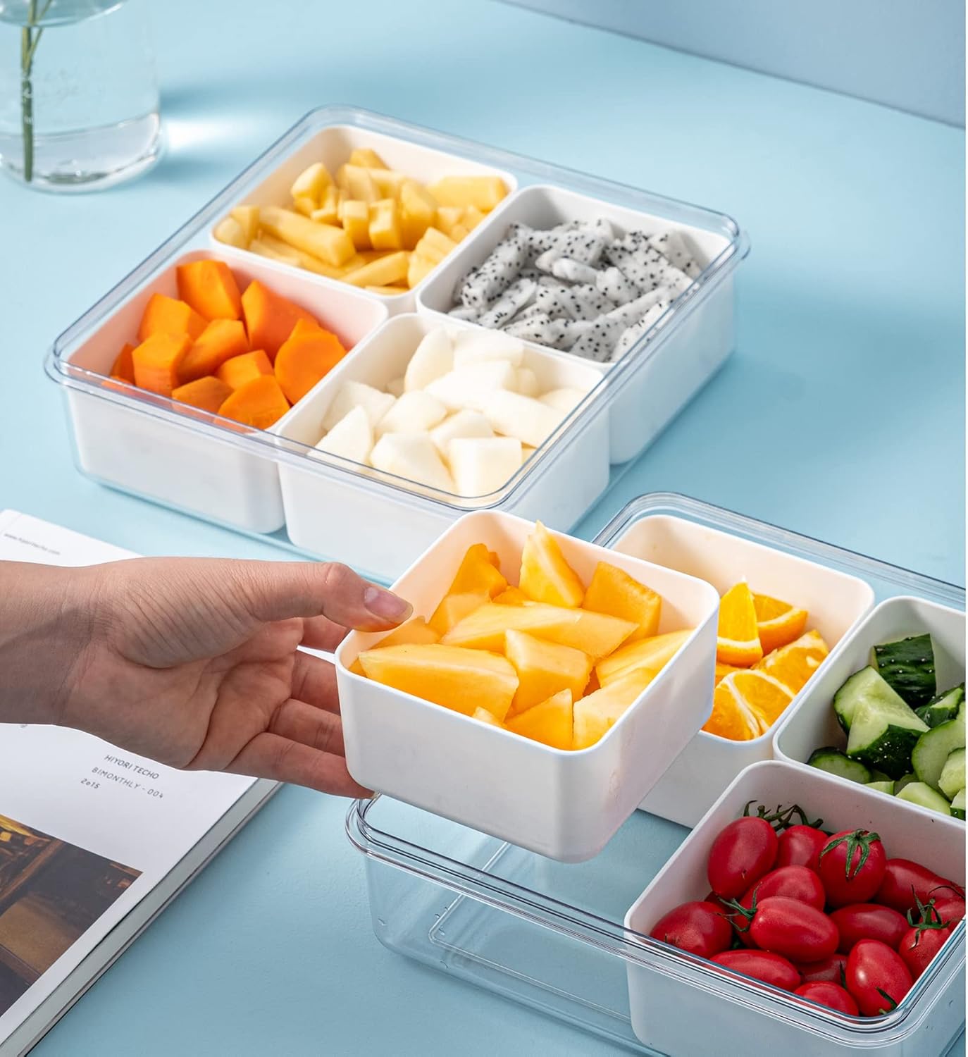 Lumista Bandeja dividida para servir con tapa, 4 compartimentos para almacenamiento de alimentos, bandeja de servicio de picnic para el hogar,