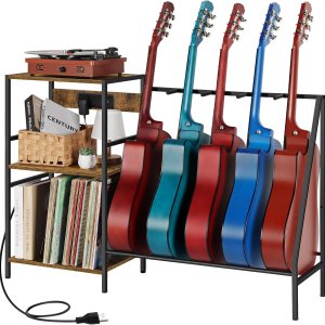 OYEAL Soporte para guitarra eléctrica con almacenamiento de discos de vinilo, soporte para múltiples guitarras con estación de carga para acústico, OYEAL Soporte para guitarra eléctrica con almacenamiento de discos de vinilo, soporte para múltiples guitarras con estación de carga para acústico,