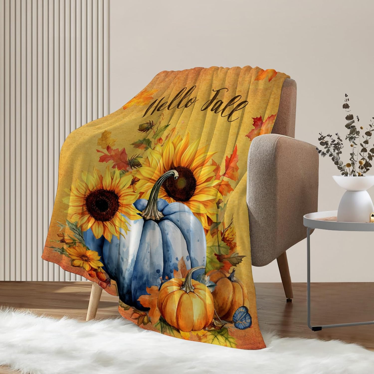 Neatee Living Manta decorativa de otoño, color naranja, Acción de Gracias, otoño, azul, calabaza, girasol, para sofá, cama, ligera, mullida,