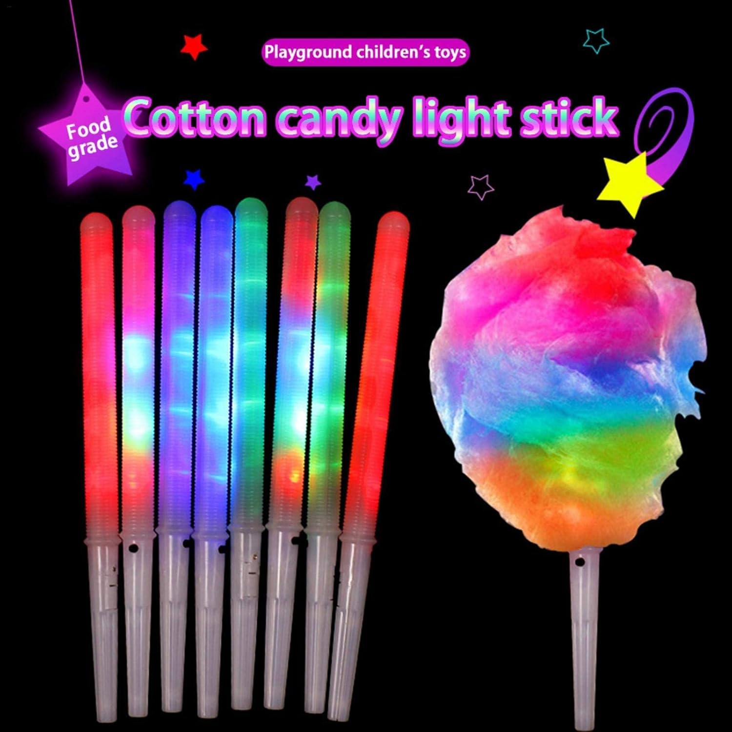 100 conos de algodón de azúcar, palitos de algodón iluminados, 8 patrones de colores LED intermitentes para fabricante de algodón de azúcar, palos