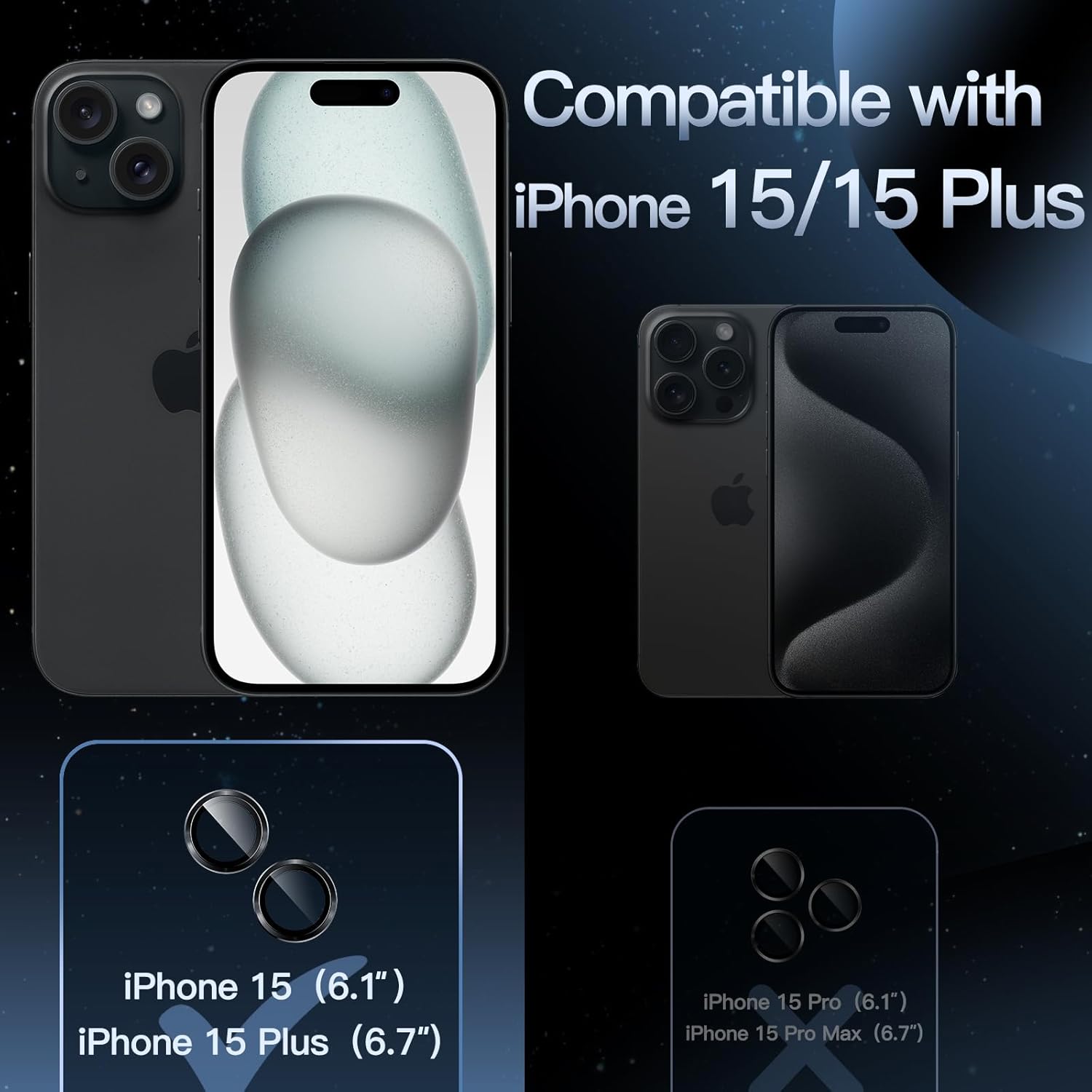 JETech Protector de lente de cámara para iPhone 15 de 6.1 pulgadas y iPhone 15 Plus de 6.7 pulgadas, cubierta de anillo individual de metal de