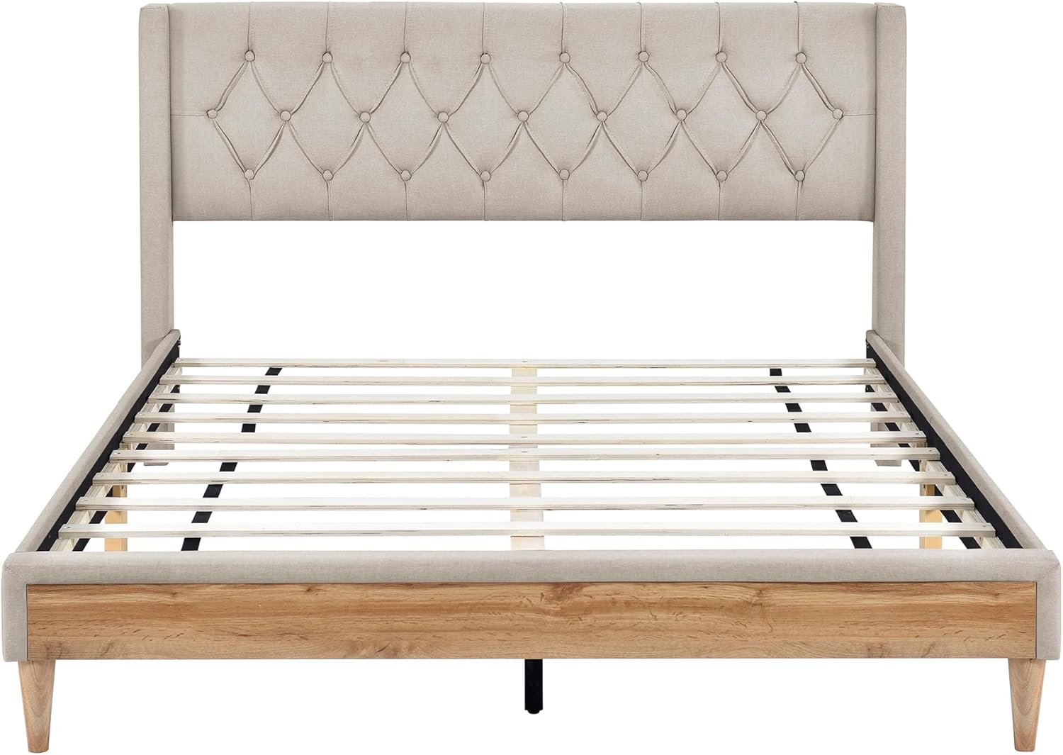 Base de cama tamaño Queen, plataforma tapizada de tela de lino con cabecero y patas de madera de goma, no necesita somier, para niños, adolescentes,