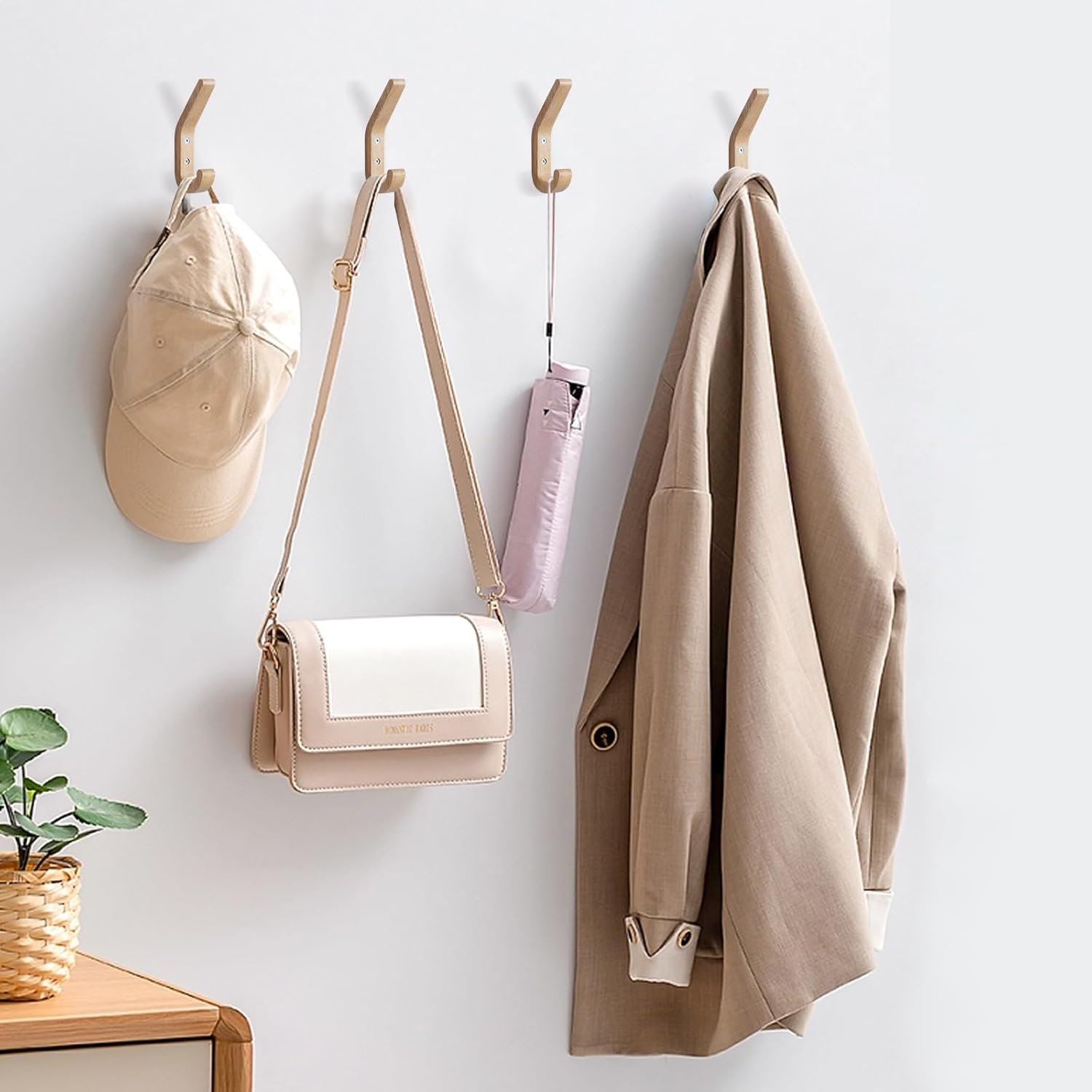 Ganchos de pared de madera natural, paquete de 4 ganchos de madera montados en la pared, moderno gancho decorativo de madera para pared de entrada,