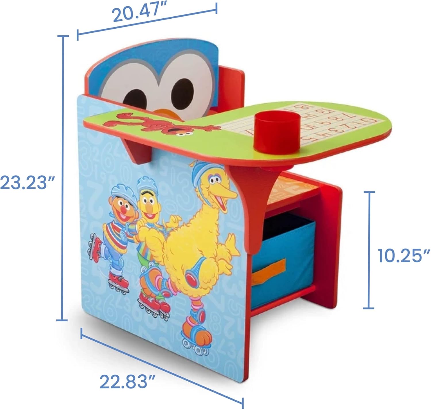 Delta Children Escritorio con silla con contenedor de almacenamiento + estantería de madera de 4 estantes para niños, Plaza Sésamo (paquete)