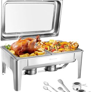 Juego de platos de bufé de 9.5 cuartos de galón, platos rectangulares para bufé con tapa de vidrio, utensilios de servir, chafers de acero Juego de platos de bufé de 9.5 cuartos de galón, platos rectangulares para bufé con tapa de vidrio, utensilios de servir, chafers de acero