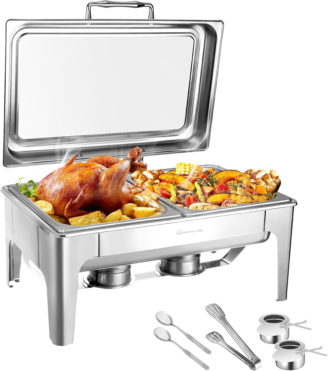 Juego de platos de bufé de 9.5 cuartos de galón, platos rectangulares para bufé con tapa de vidrio, utensilios de servir, chafers de acero