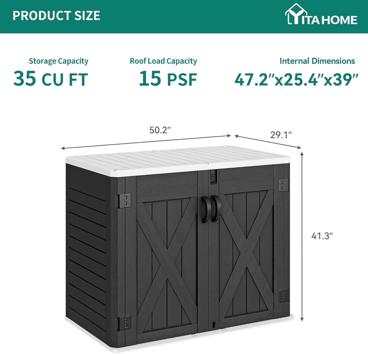 YITAHOME Cobertizo de almacenamiento horizontal para exteriores con puerta con cerradura en forma de X, 35 pies cúbicos de resina resistente a la
