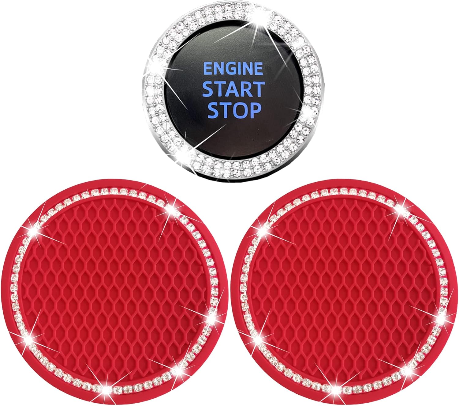 2 portavasos para automóvil y 1 anillo de encendido con diamantes de imitación para motor de automóvil, anillo brillante para el interior del