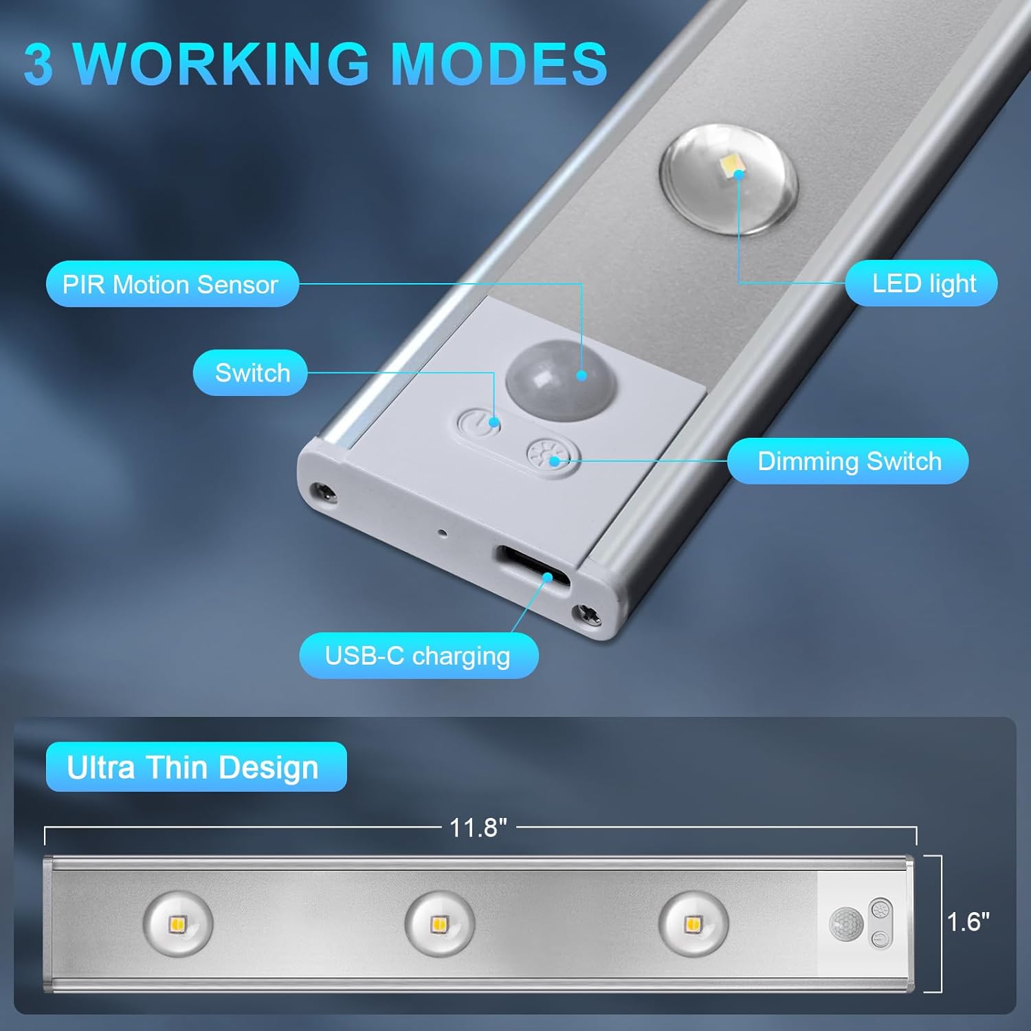 Luz LED para debajo del gabinete, 3 colores, sensor de movimiento, luz de armario, paquete de 2 luces regulables, funciona con pilas, luces para