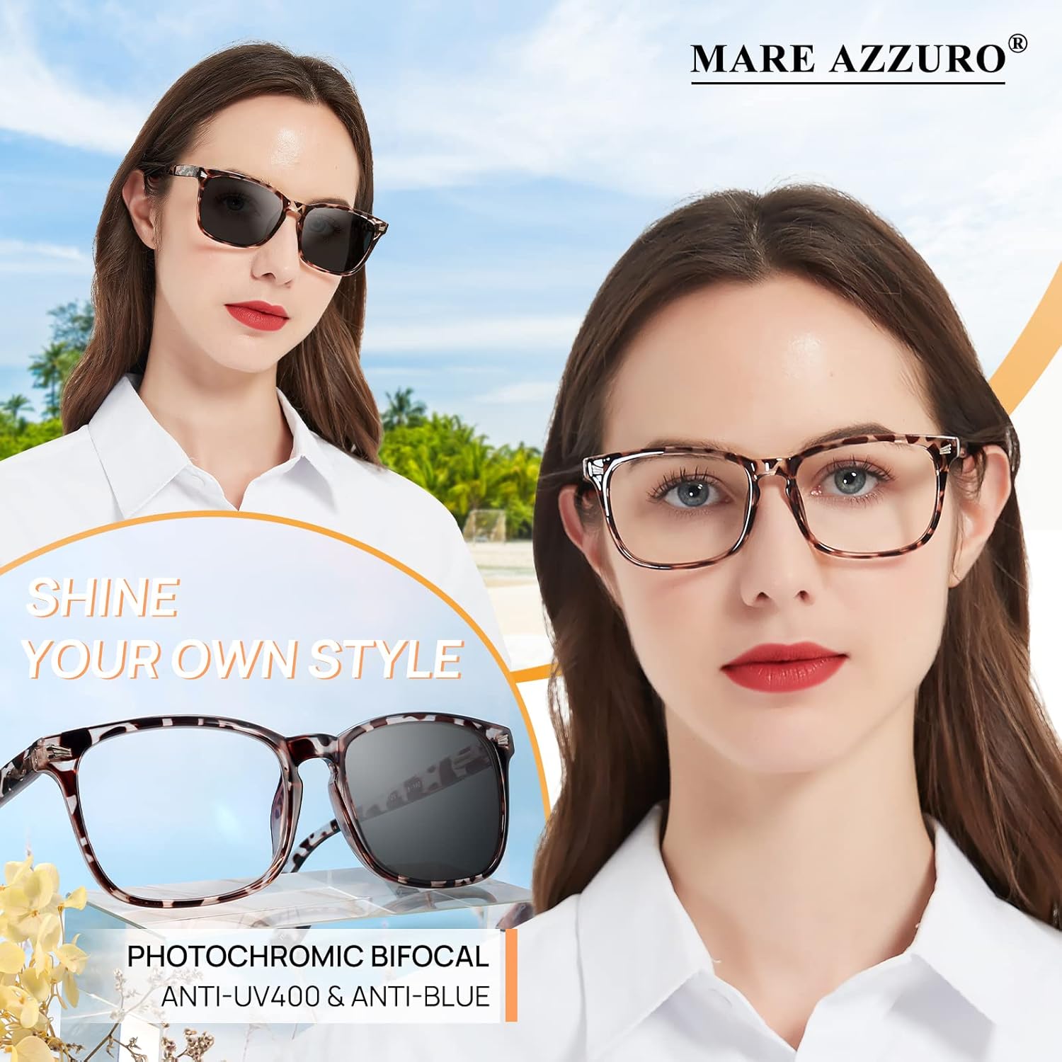 MARE AZZURO Lentes de lectura bifocales fotocromáticos para mujer, luz azul, para lectura al aire libre, 1.0, 1.25, 1.5, 1.75, 2.0, 2.25, 2.5, 2.75,