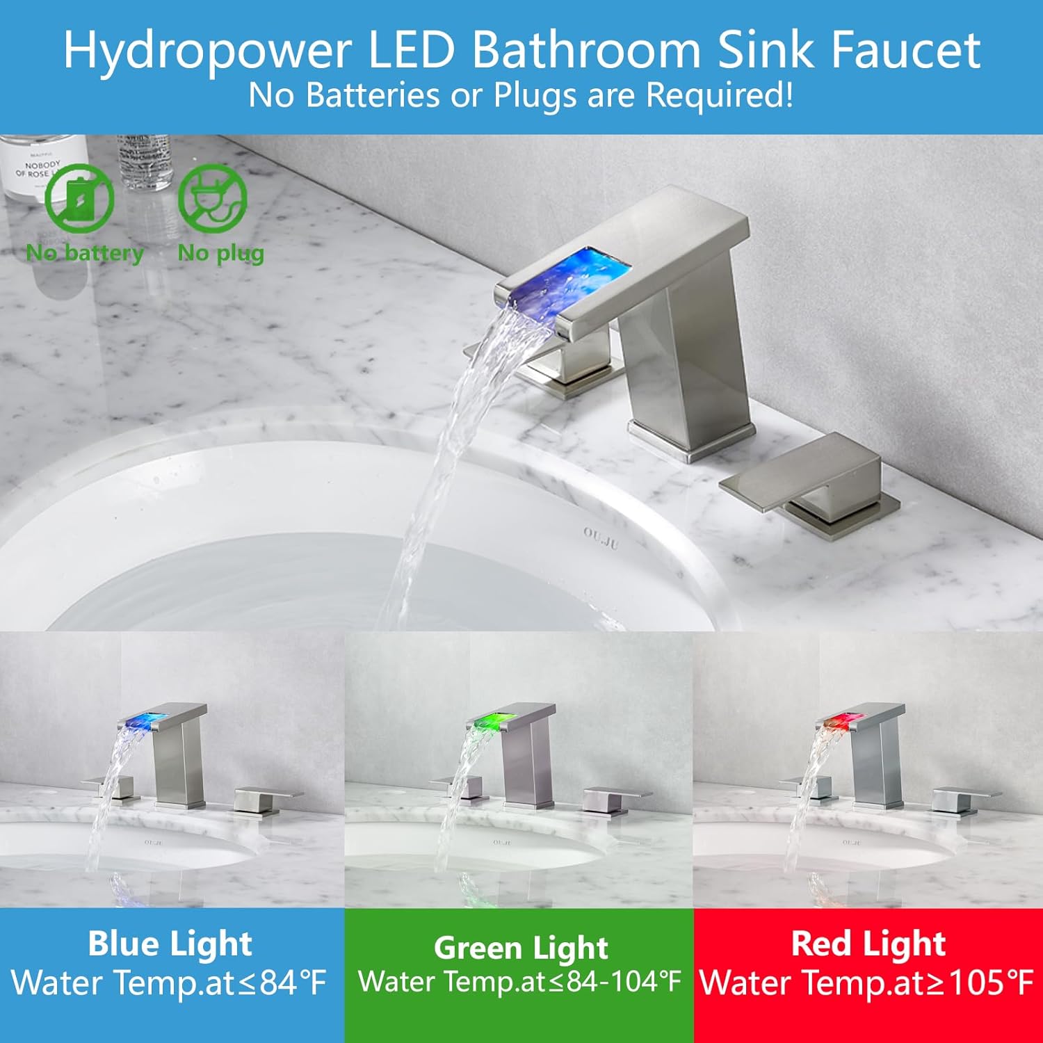 Grifo generalizado de luz LED para níquel cepillado de 3 agujeros, 8 pulgadas, grifo de baño moderno de cascada con drenaje desplegable y manguera