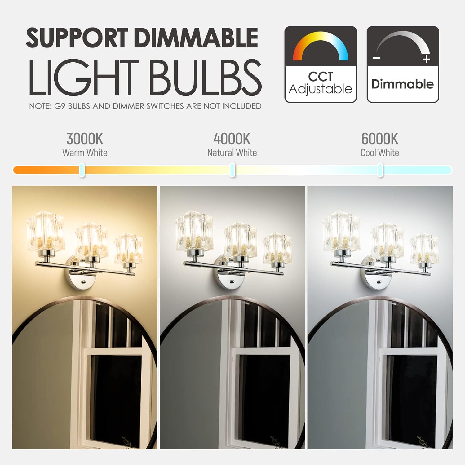 CT CAPETRONIX Lámparas de baño de 3 luces, luces de tocador de cristal de 16 pulgadas, lámpara cromada sobre espejo, para baño, dormitorio, sala de