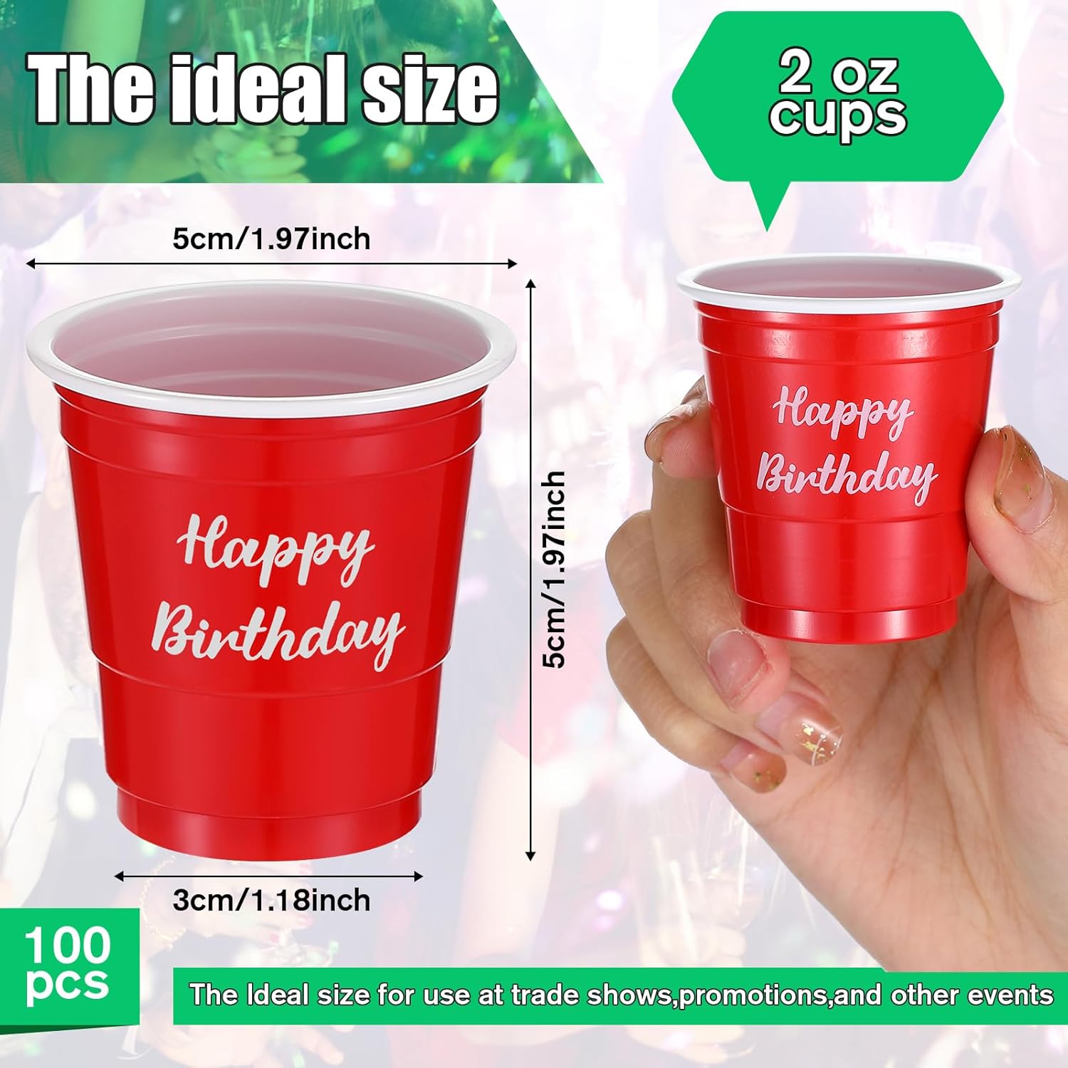 Suttmin 100 vasos de chupito de plástico de 2 onzas, vasos de chupito desechables multicolor, mini vasos para celebrar cumpleaños, tazas de alegría