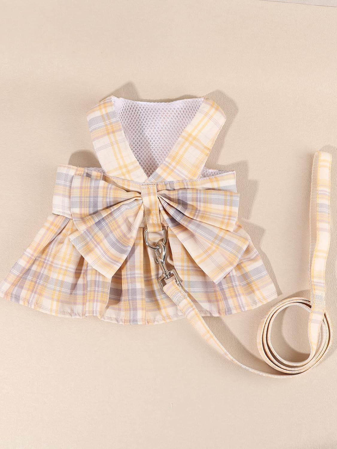 QWINEE Juego de 2 piezas de arnés y correa para perro, estampado a cuadros, decoración de lazo, vestido de princesa para cachorro, gato, vestido de