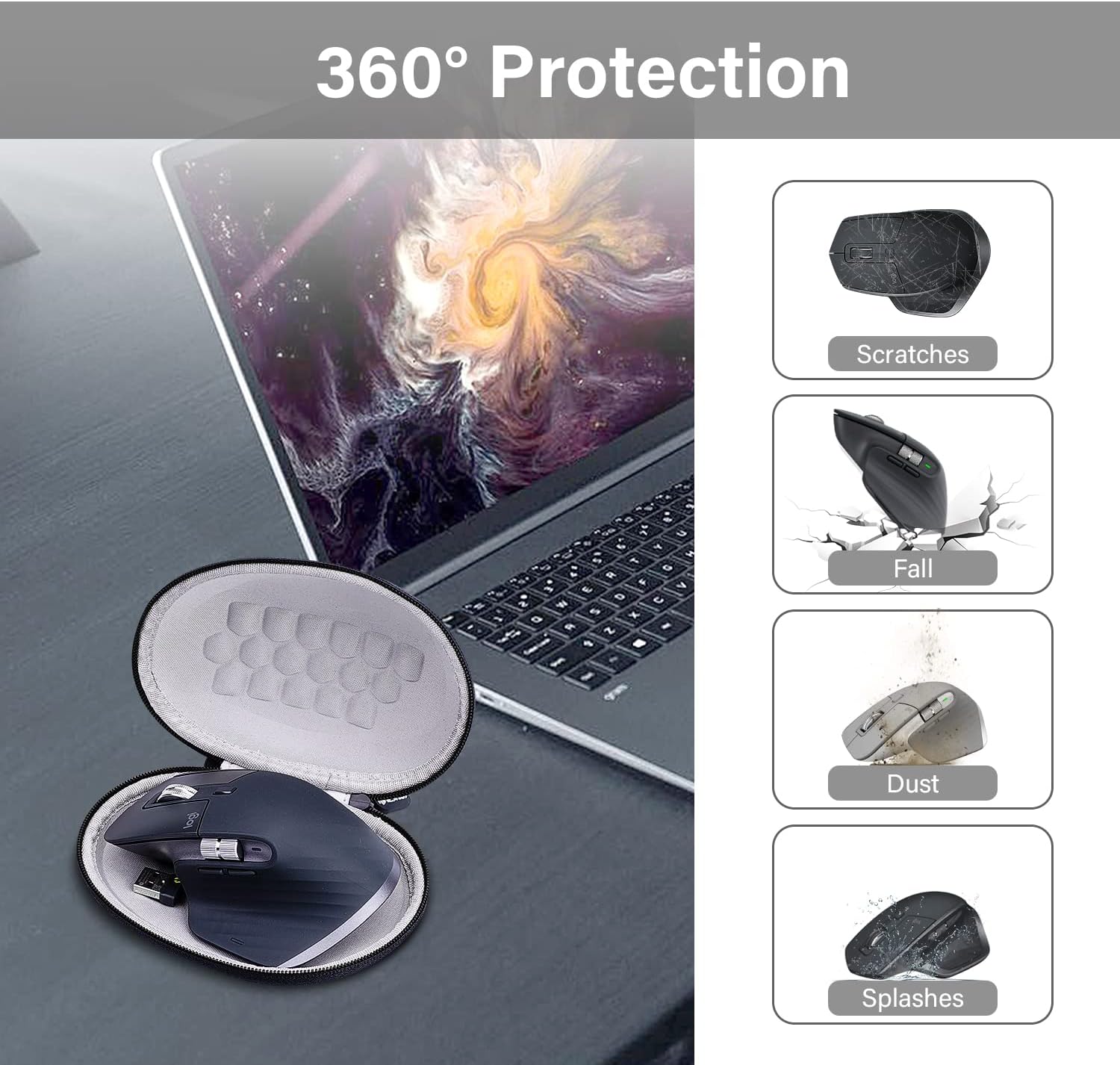 Estuche de viaje para Logitech MX Master 3  Master 3S mouse inalámbrico Bluetooth – (funda negra + interior gris)