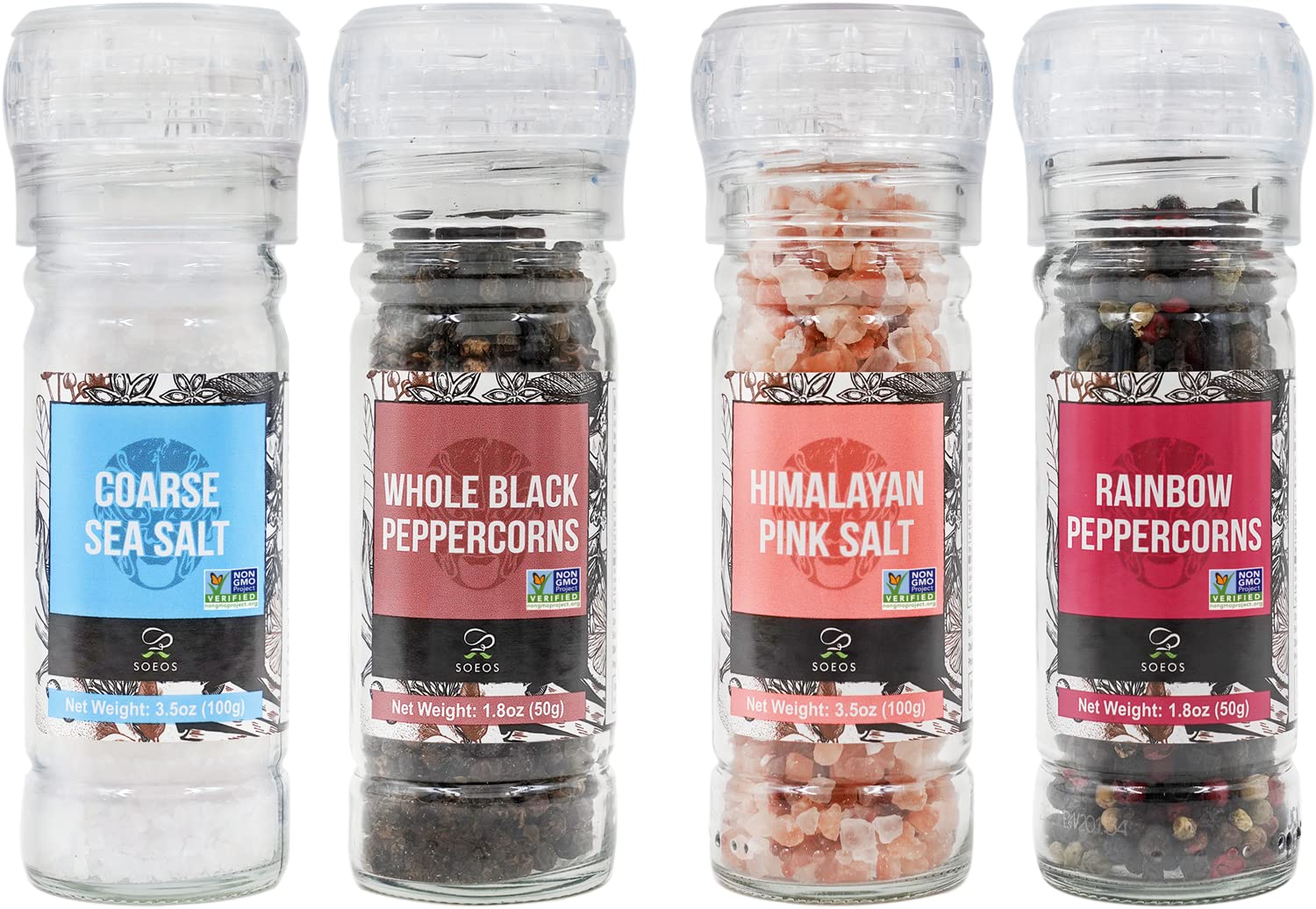 Soeos Granos de pimienta negra + sal marina blanca + granos de pimienta arcoíris + sal rosa, 10.6 oz (300.50 g), juego de sal y pimienta, juego de