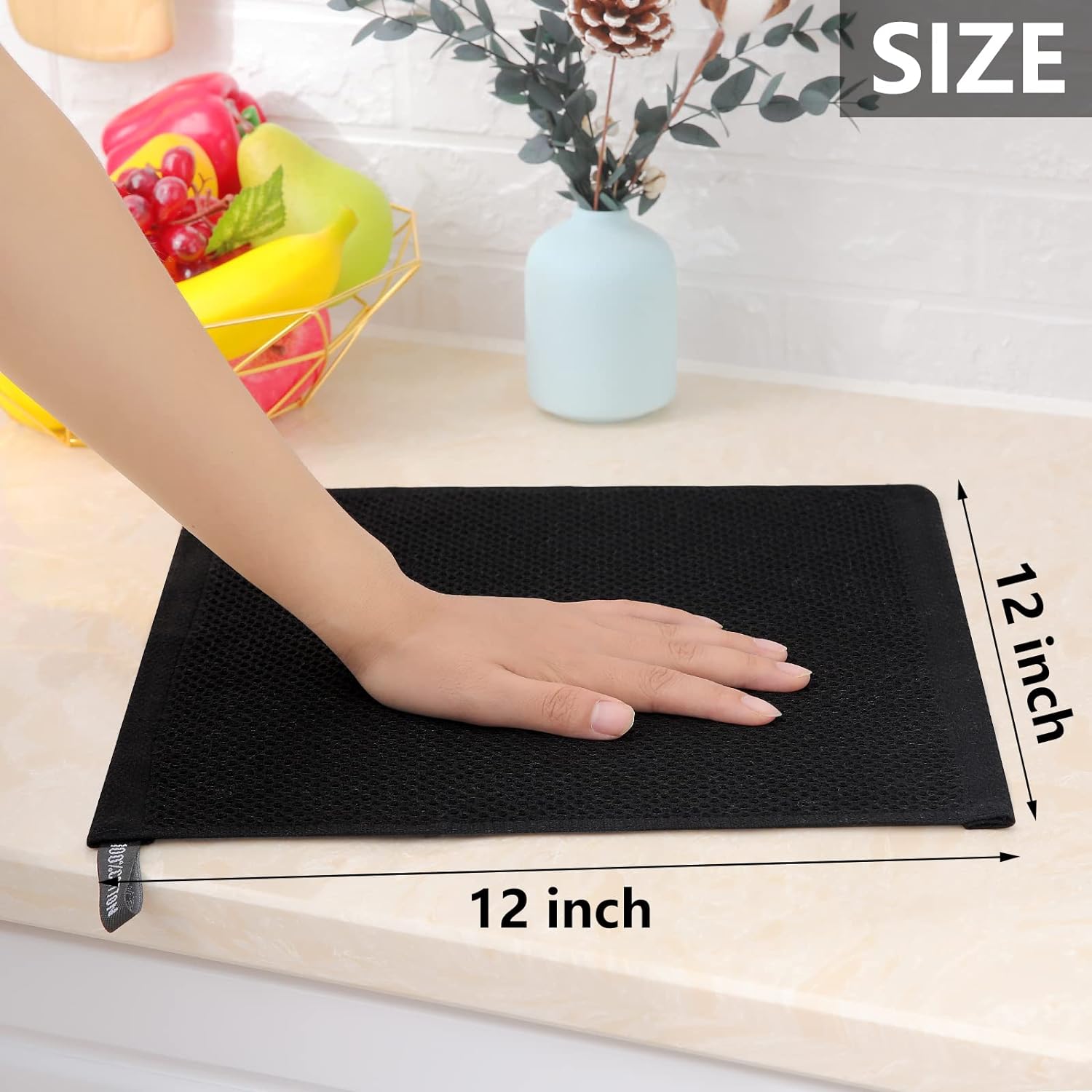 Homaxy Paños de cocina de 100% algodón con tejido de gofre, ultra suaves, absorbentes, de secado rápido, 12 x 12 pulgadas, paquete de 12, color negro