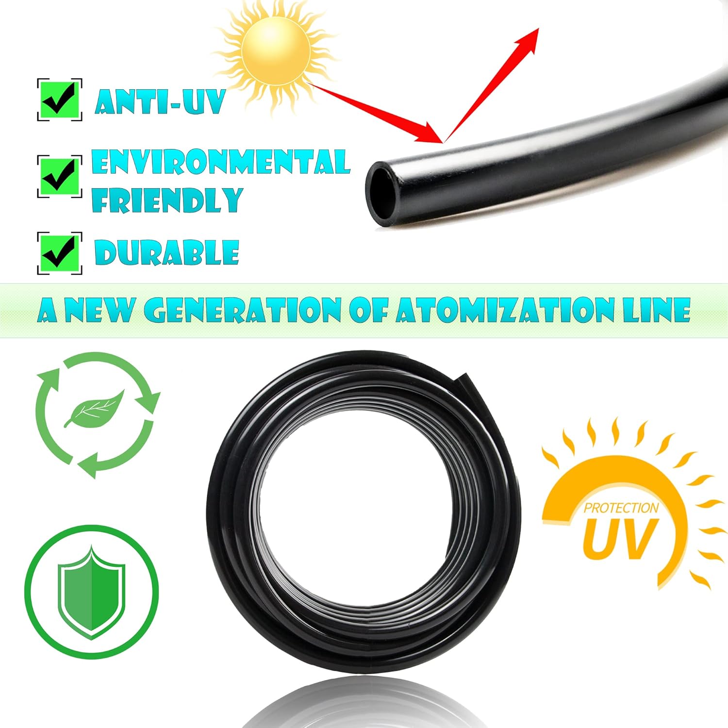 Misting Cooling System (Newly Designed Atomizing Line) 50FT15m Atomization Line+ 14 Brass Spray Nozzles + One Brass Adapter (34 Inch) Patio Spray