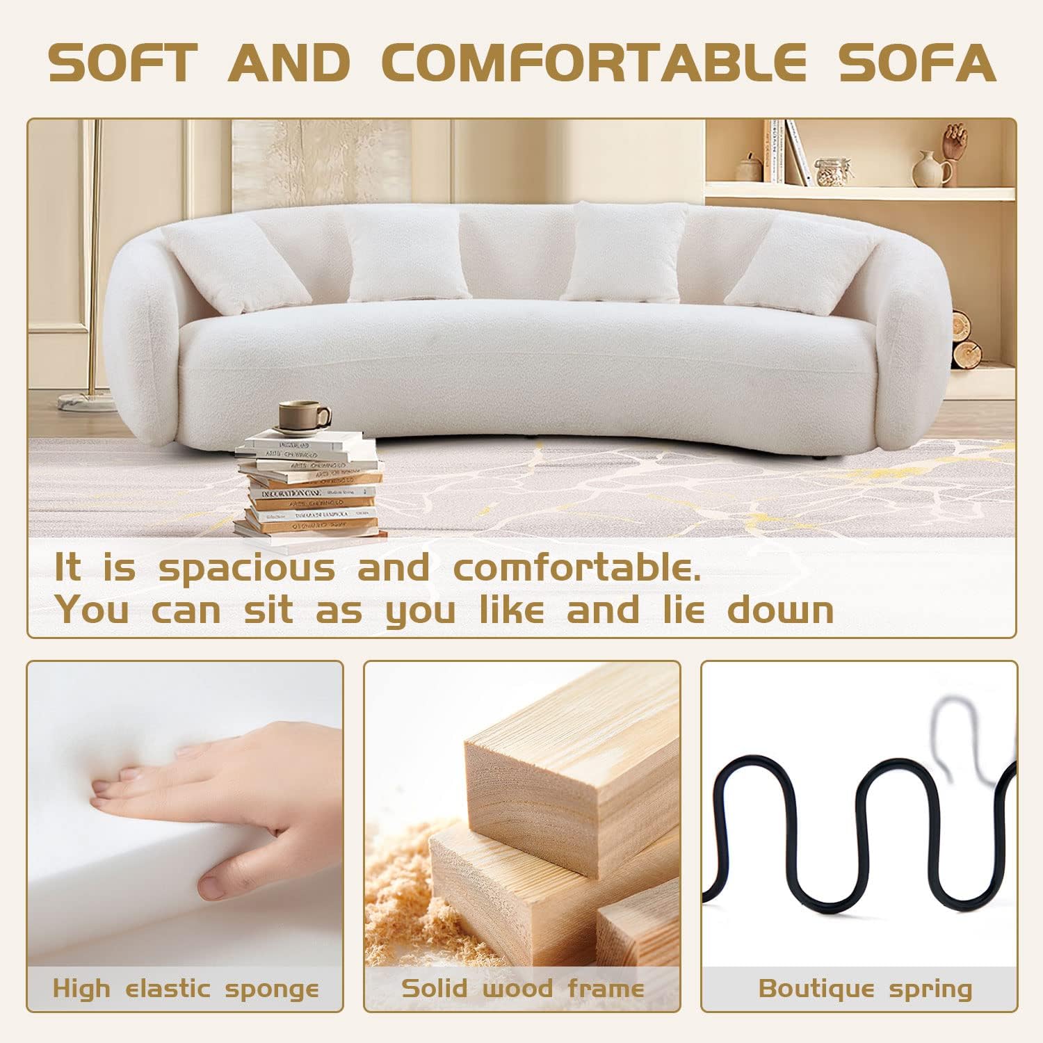 JUSTONE Sofá de sala de estar curvado moderno de mediados de siglo de 101 pulgadas, sofá de tela Boucle de 4 asientos para dormitorio, oficina,