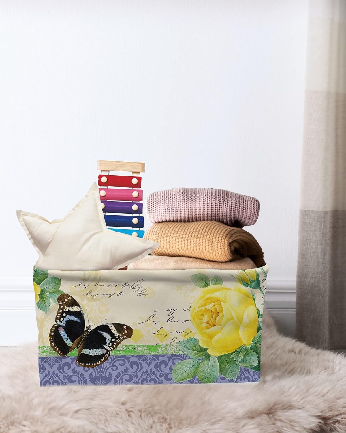 Yellow Flower Storage Basket for Organizing Shelves, Collapsible Storage Bins Boxes with Handle, Purple Retro Botanical Butterfly Modern Abstract
