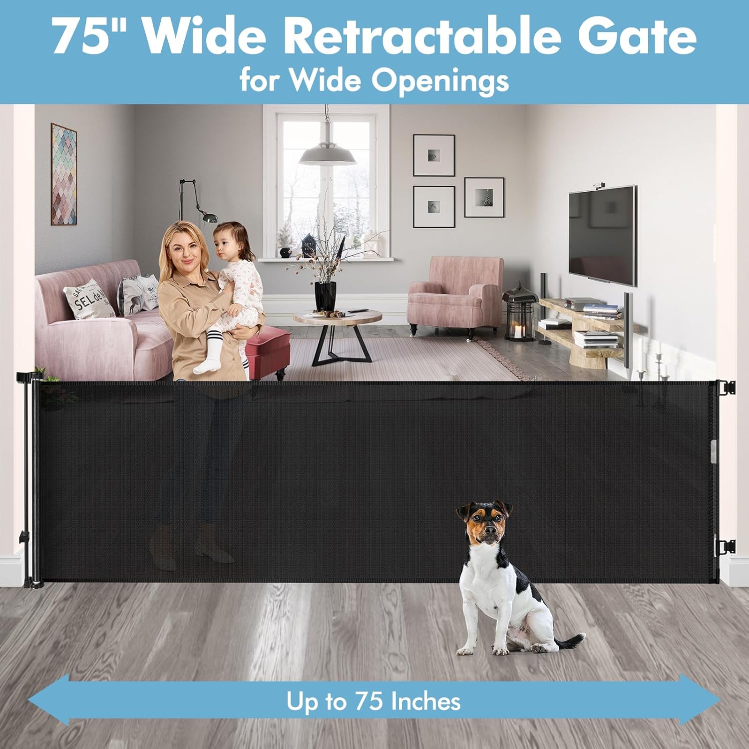 Puerta retráctil extra ancha para bebés de 75 pulgadas para aberturas amplias, puerta para niños para interiores y exteriores, puerta retráctil