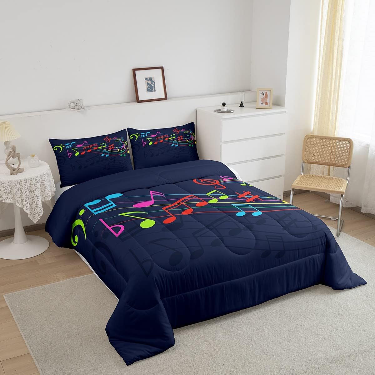Feelyou Juego de ropa de cama con diseño de arco iris, juego de edredón para niños, niñas, decoración de notas musicales, edredón de microfibra con