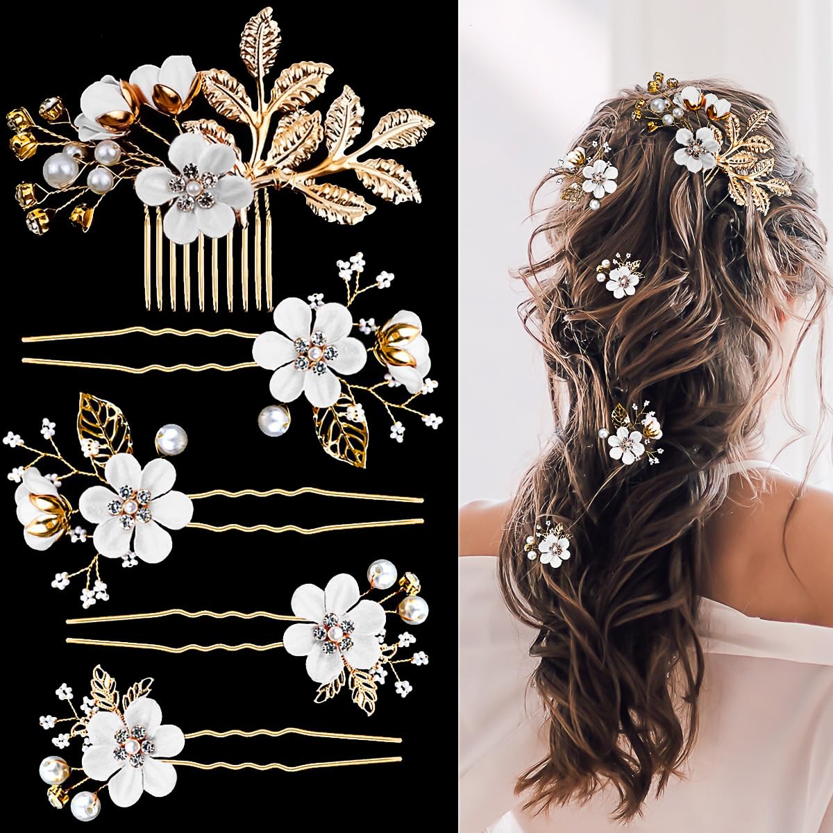 5 pinzas para el pelo de boda con flores de cristal, perlas de cristal, para novias, flores blancas, accesorios dorados para el cabello, joyería de