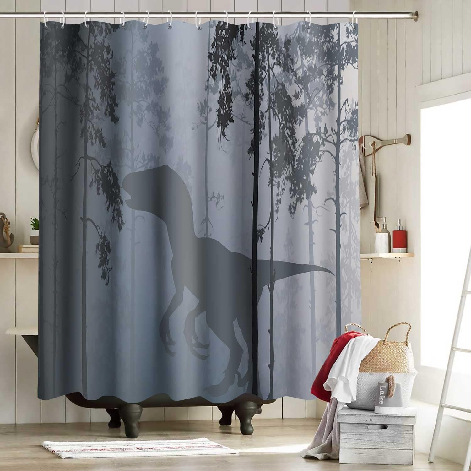 YLYYNT2694 – Cortina de ducha con diseño de animales, diseño de dinosaurio, silueta de dinosaurio, juego de baño con ganchos, cortinas decorativas