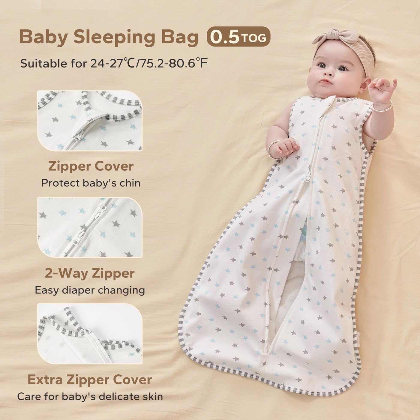 1.0 TOG – Saco de dormir para bebé, ligero, 100% algodón, con cremallera de 2 vías, saco de dormir unisex para bebé recién nacido de 0 a 6 meses,