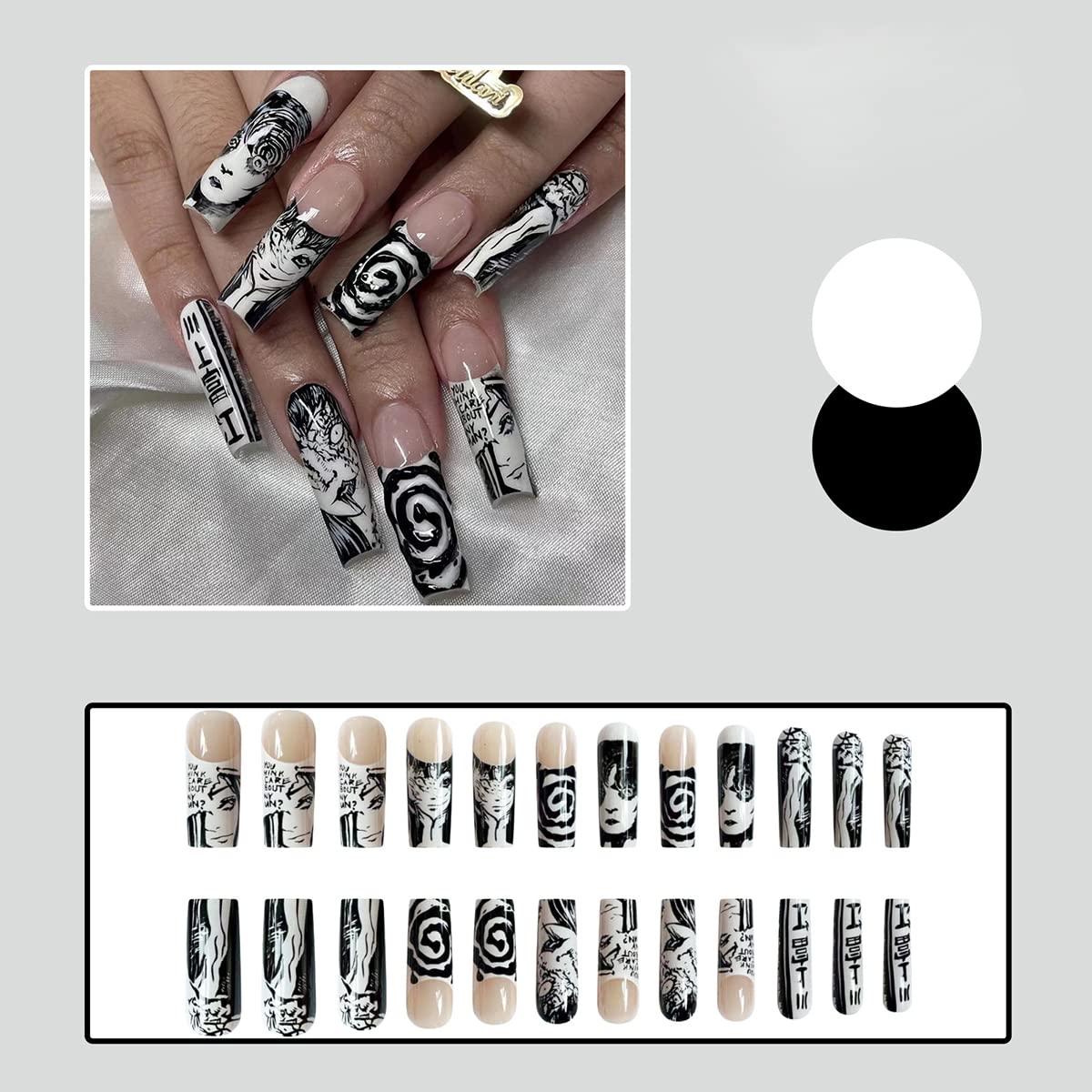 24 uñas postizas largas a presión, cuadradas, ataúd, diseño de anime, punk, caricatura, negro, blanco, cobertura completa, punta francesa, uñas