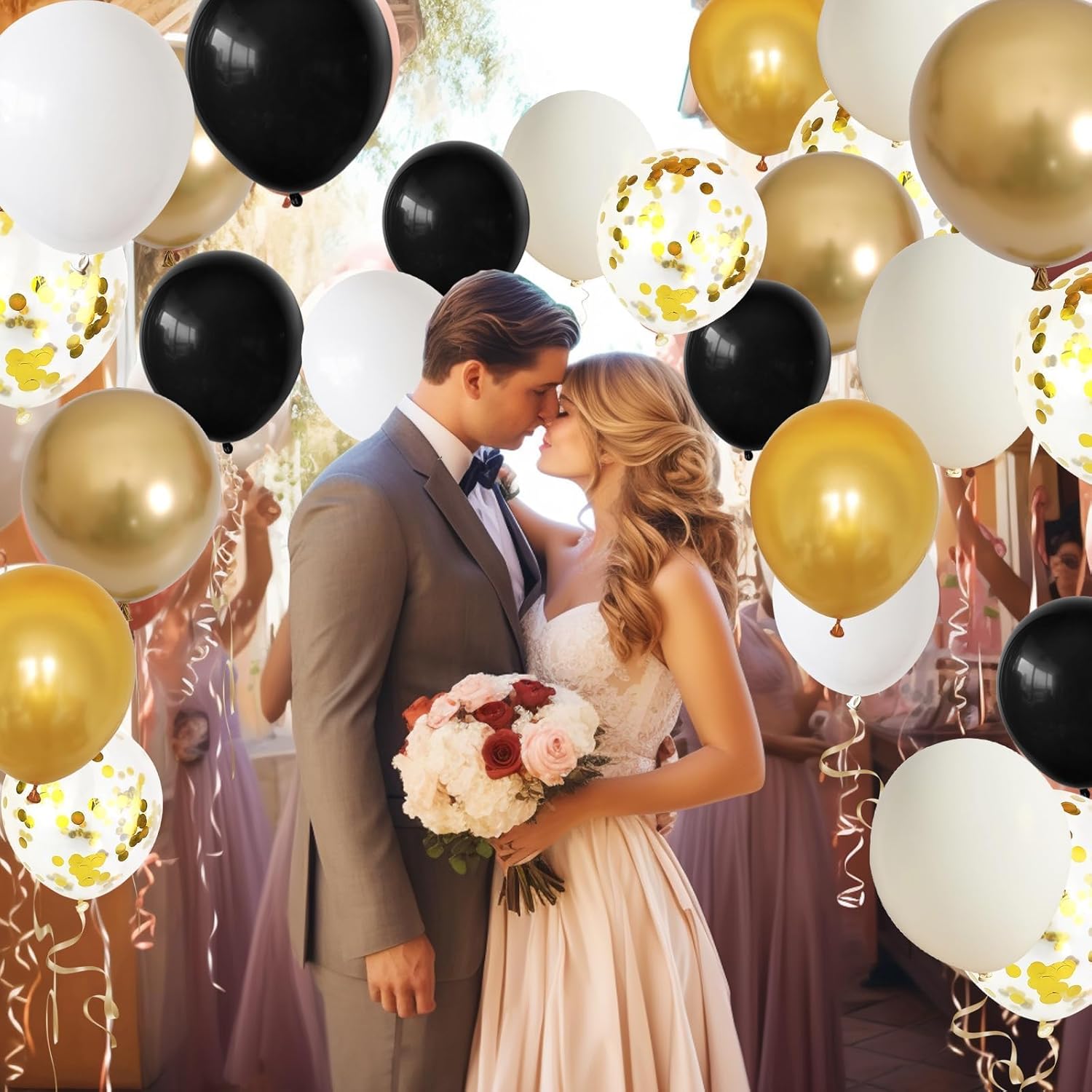 Globos de color negro, dorado y beige, 60 globos de arena negra dorada y blanca con globos de fiesta de confeti dorado metálico para graduación,