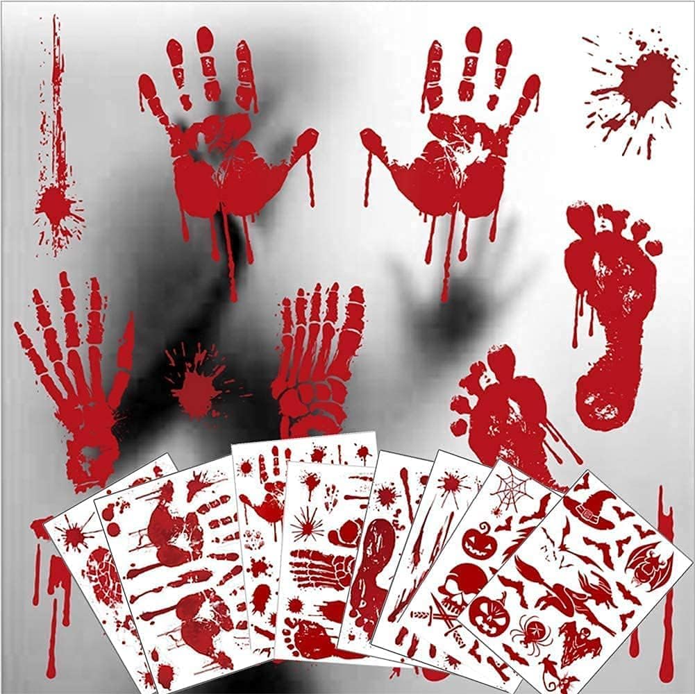 Decoraciones de Halloween, 8 hojas95 piezas de huellas de manos sangrientas de Halloween, calcomanías de pared para el suelo, huellas de terror para