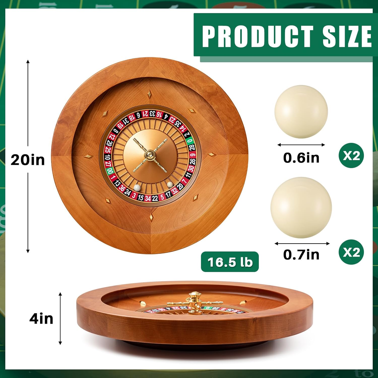 Rueda de ruleta de madera de 20 pulgadas con 4 bolas de ruleta, rodamientos de precisión de grado casino, rueda giratoria, juegos de mesa de ocio