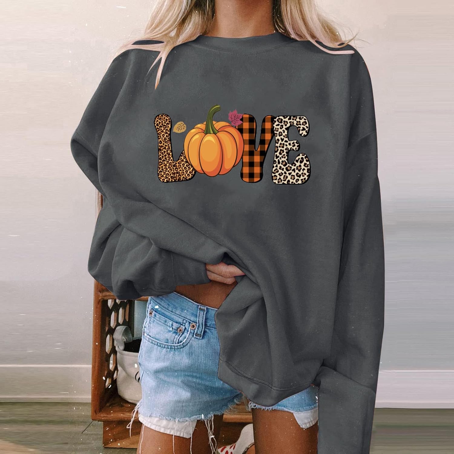 Sudadera gráfica de gran tamaño para mujer, estampado de Halloween, manga larga, cuello redondo, blusa casual de otoño
