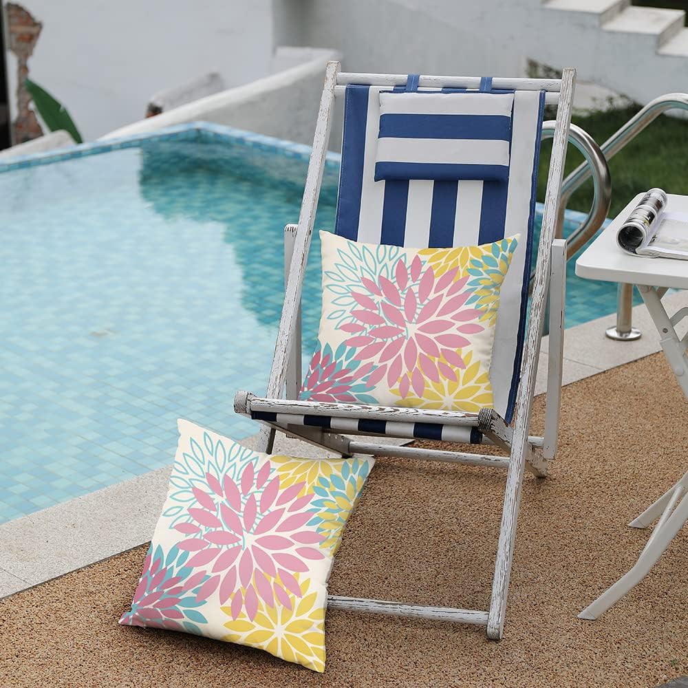 DFXSZ Juego de 2 fundas de almohada de 18 x 18 pulgadas con diseño de flores rosas, amarillas y azules, para exteriores, impermeables, para