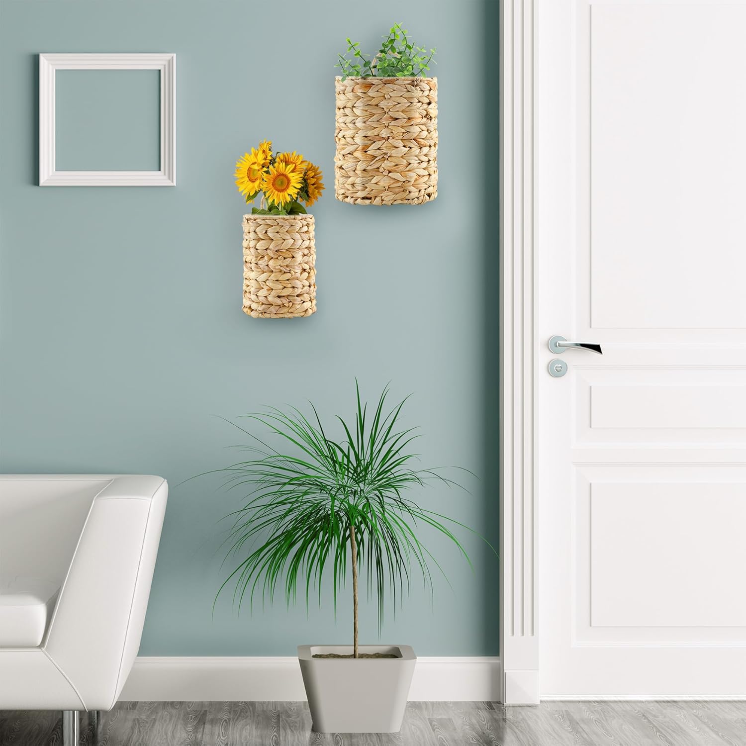 AuldHome – Cestas de jacinto de agua (juego de 2) cestas de puerta rústicas tejidas para colgar en la pared, tamaño pequeño y mediano