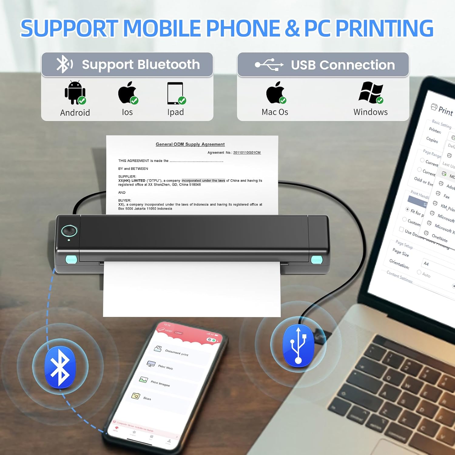 Impresoras portátiles inalámbricas para viajes, impresora térmica sin tinta, impresora móvil Bluetooth M08F compatible con letras de 8.5 x 11