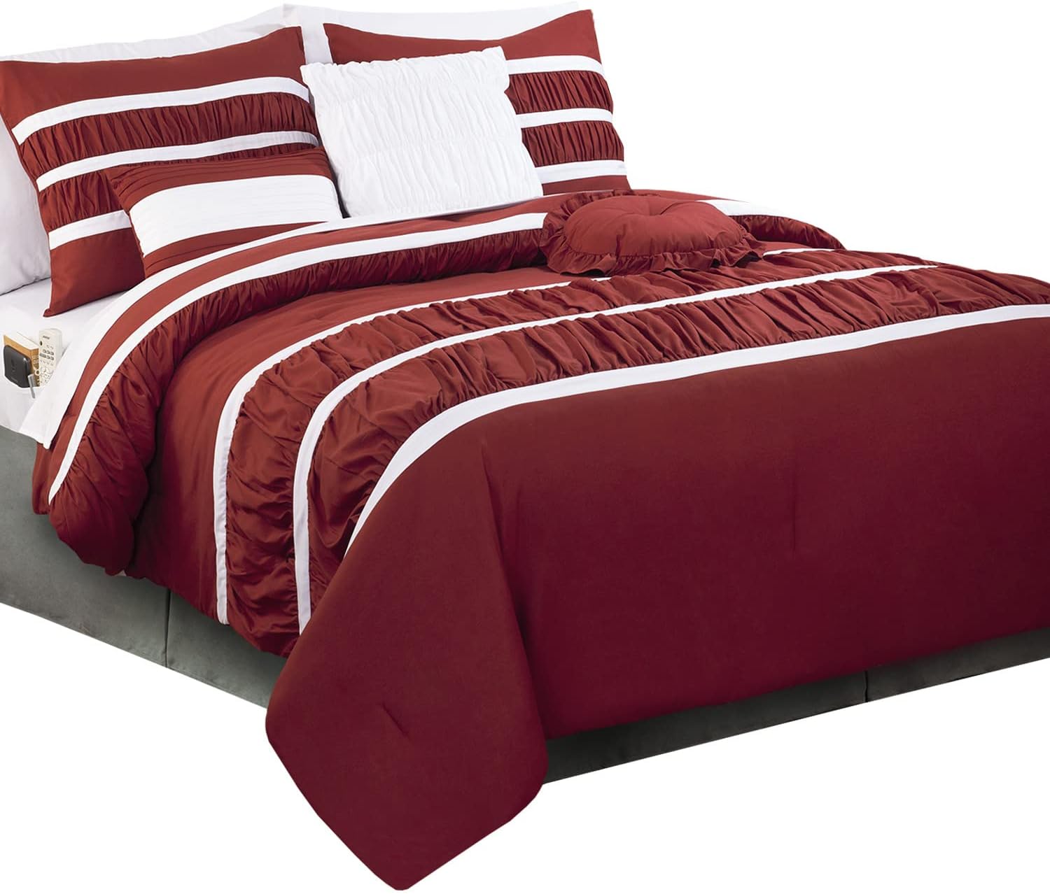 Elegant Comfort Isabella – Juego de edredón plisado con volantes de 12 piezas, juego de sábanas de 6 piezas con bolsillos inteligentes, almohadas