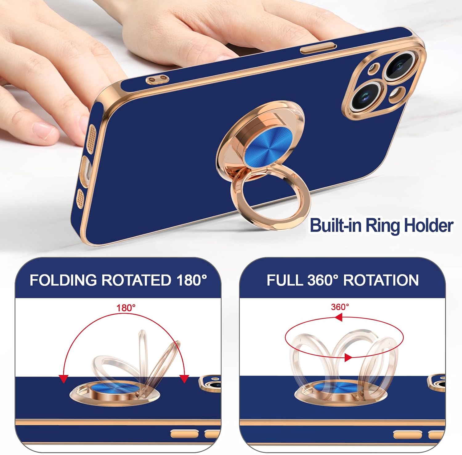Hython Funda para iPhone 15 Plus con soporte de anillo, soporte de anillo giratorio de 360, soporte magnético, chapado en oro rosa, cubierta suave,
