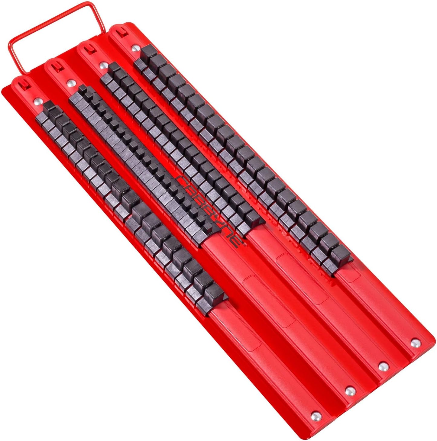 CARBYNE Bandeja organizadora de 80 piezas, se adapta a enchufes de 14 pulgadas, 38 pulgadas, 12 pulgadas, riel de enchufe resistente, rieles rojos