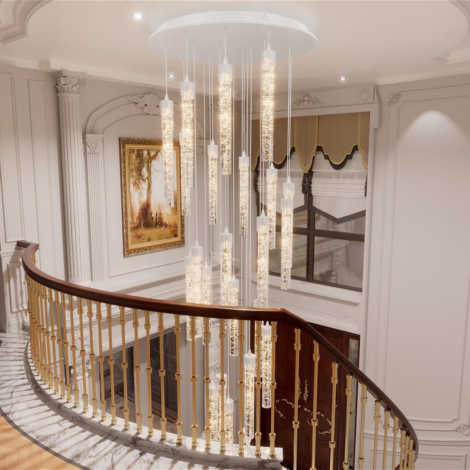 Candelabros de escalera en espiral de 157 pulgadas de largo, color plateado, 25 luces LED modernas, regulables, lámpara de iluminación inclinada de